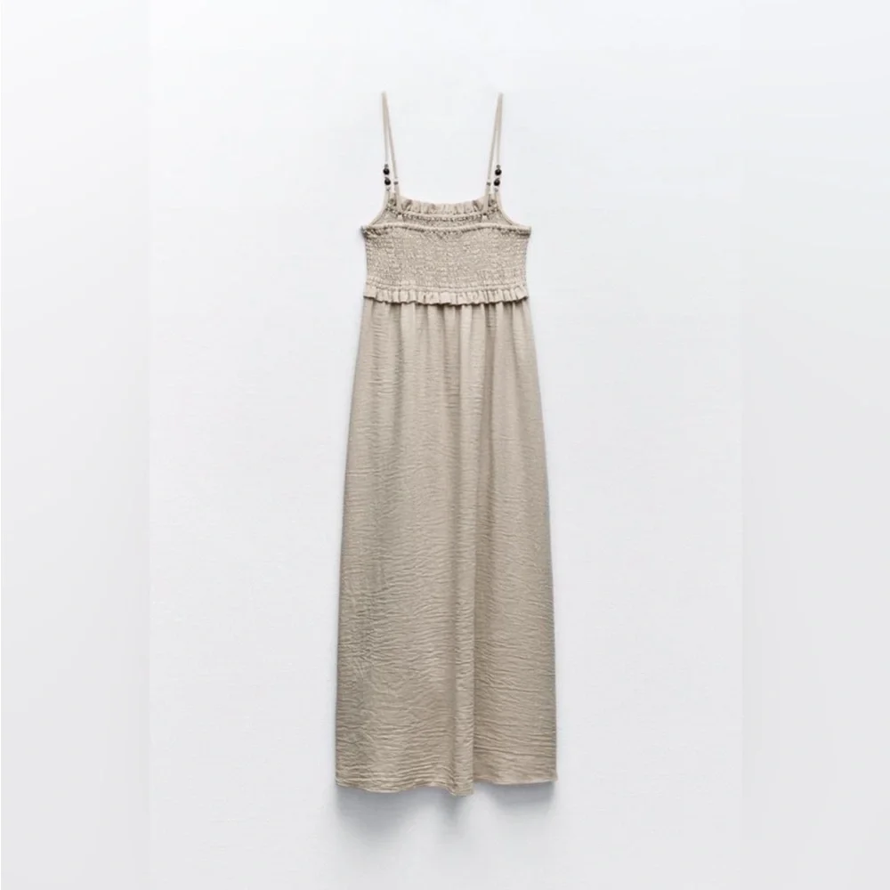 Zara Khaki Linen Smocked Midi Dress - Picture 7 of 9